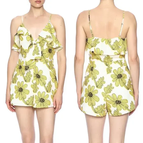 Nasty Gal Sleeveless Yellow Floral Daisy Print Ruffle Tie Front Romper Small - Picture 2 of 15